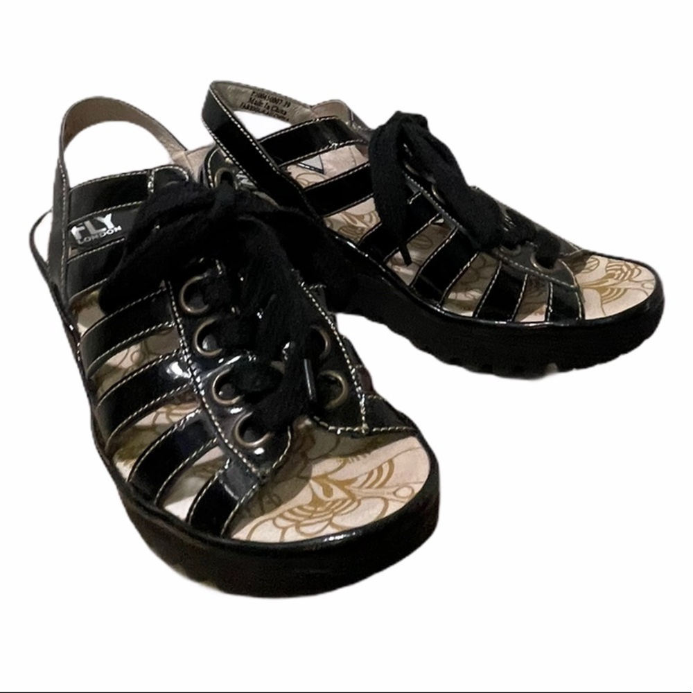 FLY London Black Yito Patent Caged Lace Up Wedges